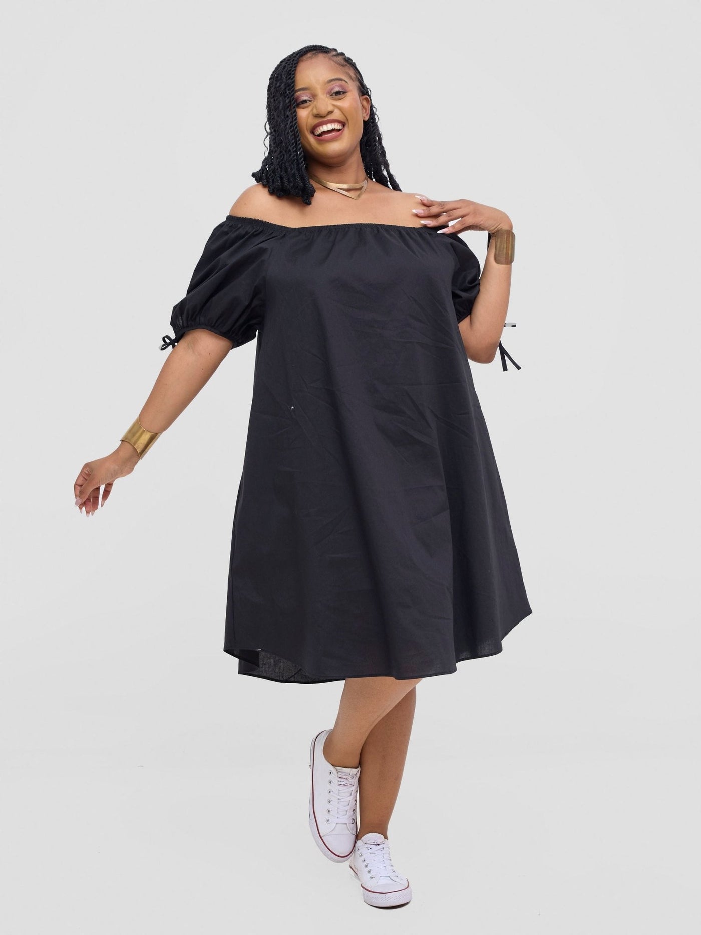 Safari Tawi Off - Shoulder Dress - Black - Shopzetu