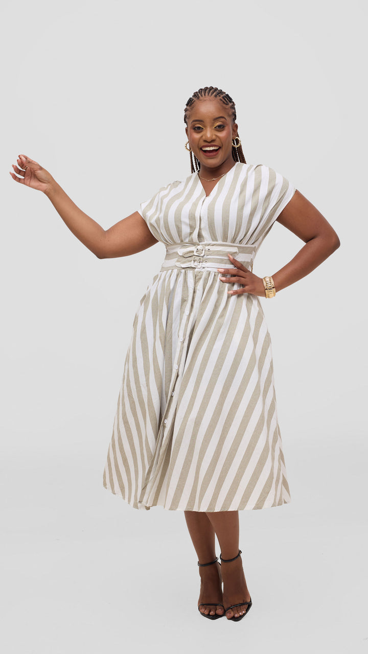 SAMA House Belted Linen A-Line Midi Dress - Sage Green Striped