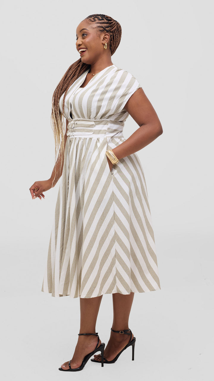 SAMA House Belted Linen A-Line Midi Dress - Sage Green Striped
