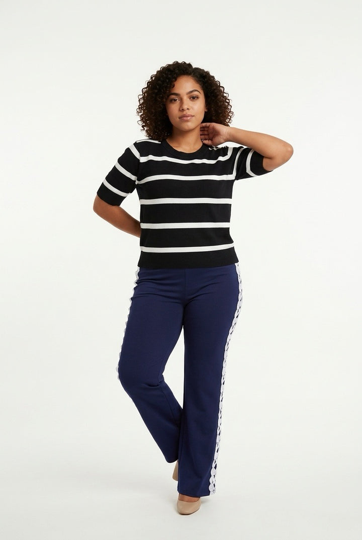 Stylish Sisters Striped Short-Sleeve Knit Sweater Tee - Black / White