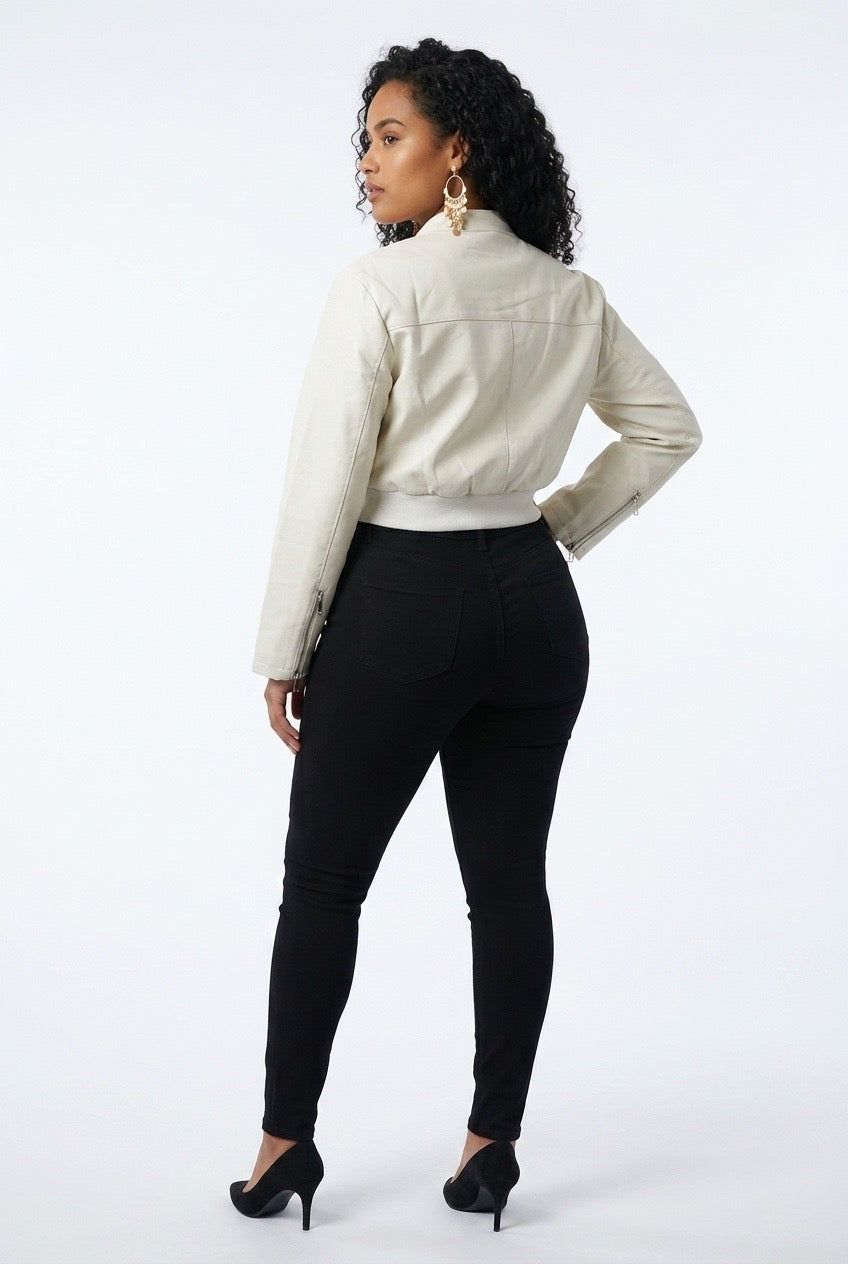 Stylish Sisters Stand Collar Letter Print Cropped Leather Jacket - White