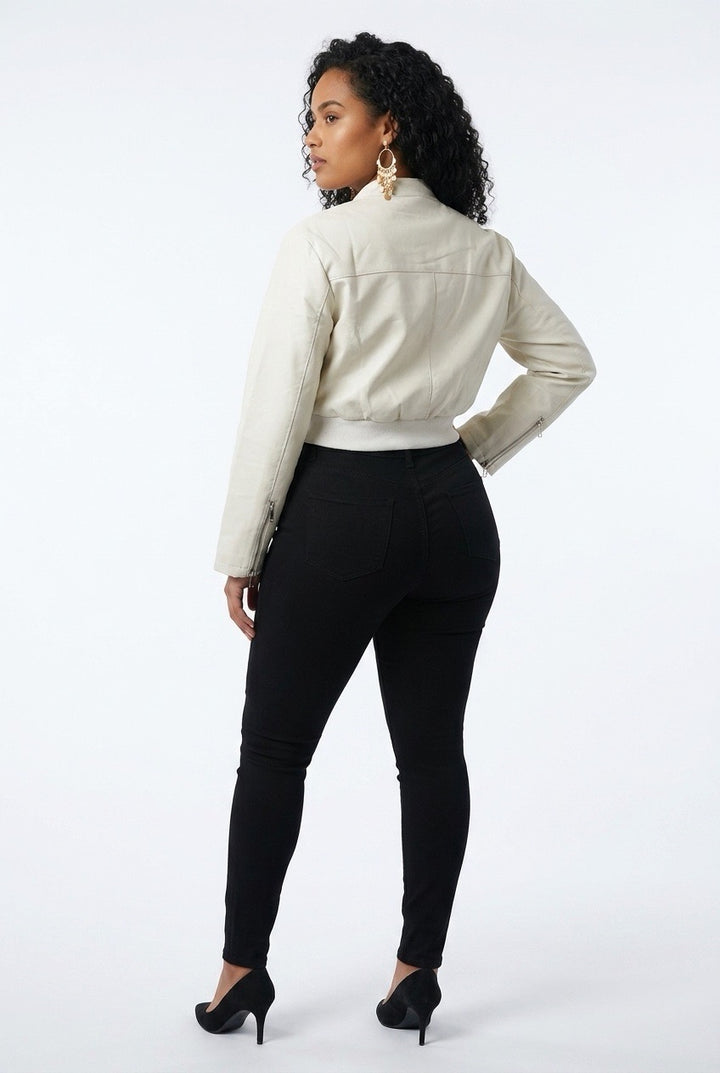 Stylish Sisters Stand Collar Letter Print Cropped Leather Jacket - White