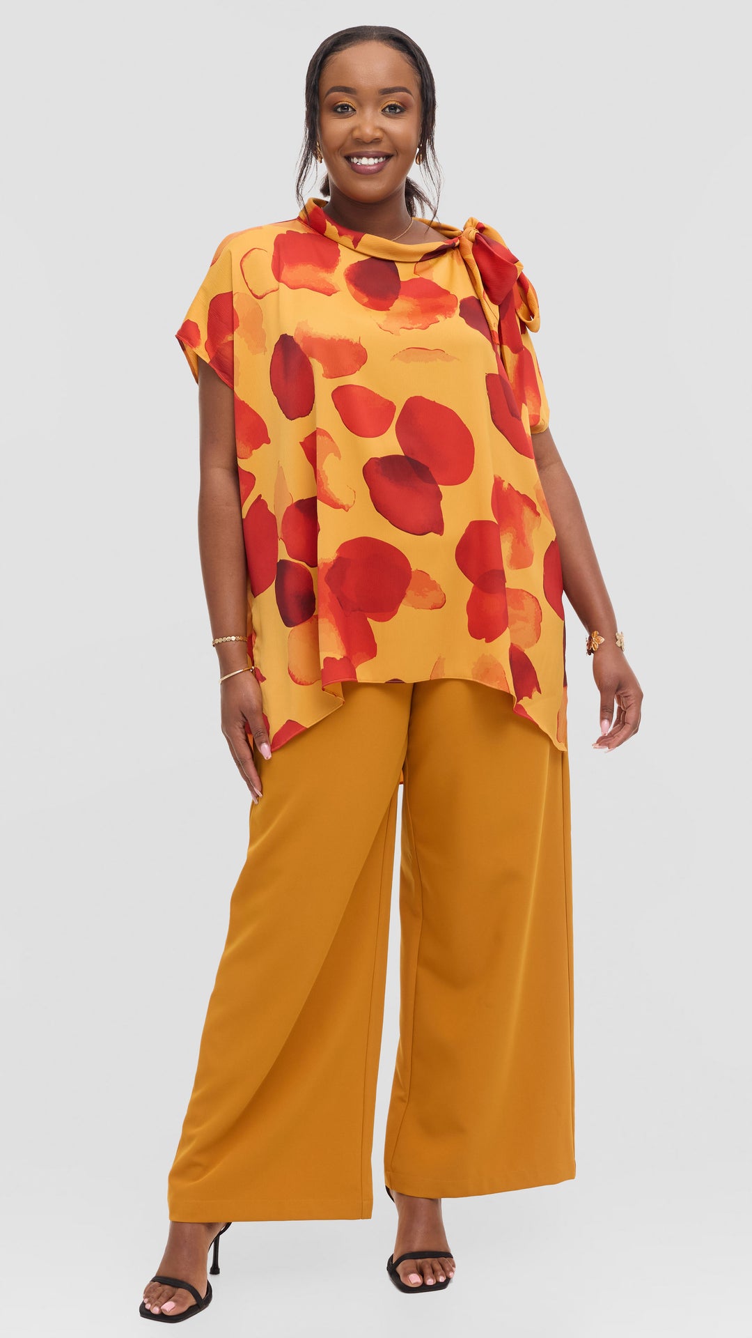 Vivo Takali Tunic Top in Satin - Mustard / Red Arisi Print