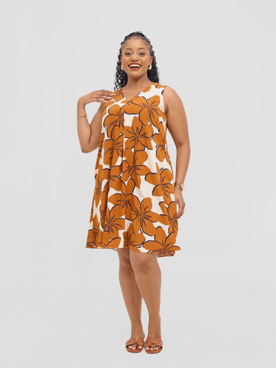 Vivo Ava Front Pleat Knee Length Dress - Rust / Cream Print - Shopzetu