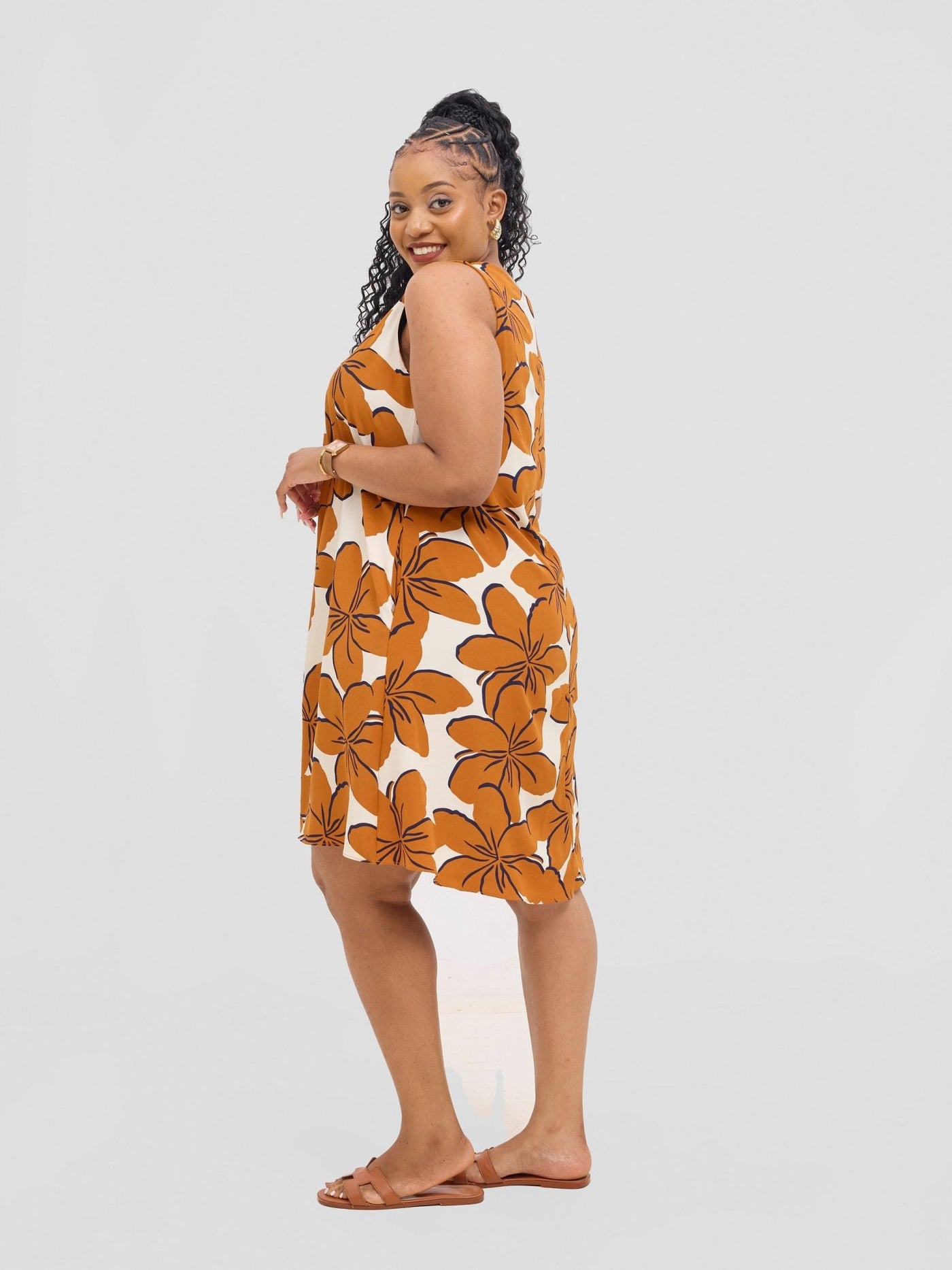 Vivo Ava Front Pleat Knee Length Dress - Rust / Cream Print - Shopzetu
