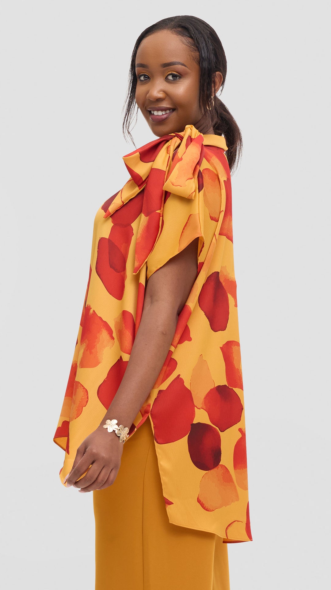 Vivo Takali Tunic Top in Satin - Mustard / Red Arisi Print