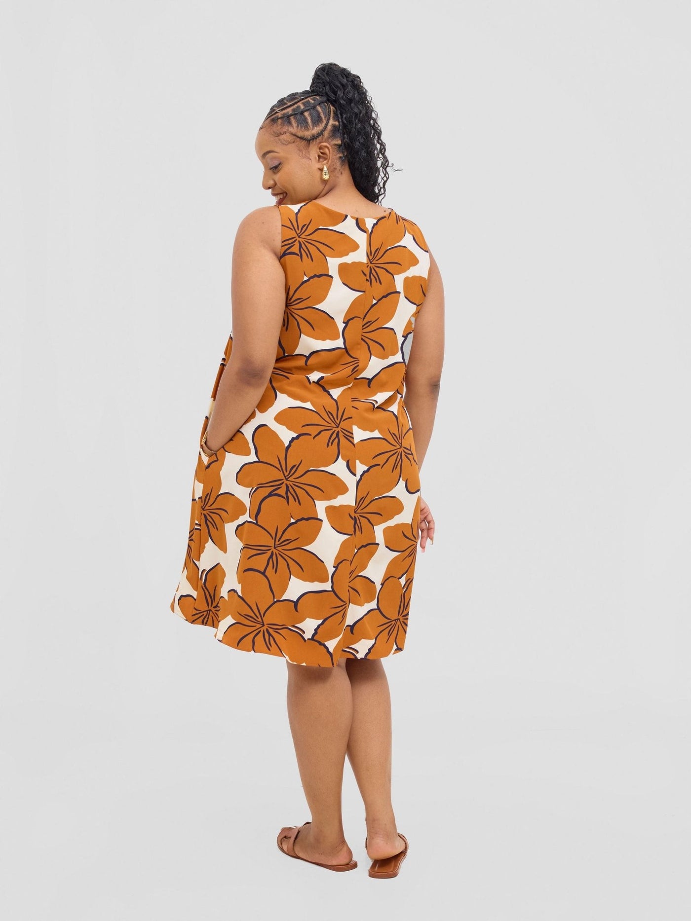 Vivo Ava Front Pleat Knee Length Dress - Rust / Cream Print - Shopzetu
