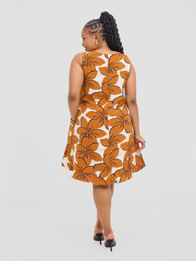 Vivo Ava Front Pleat Knee Length Dress - Rust / Cream Print - Shopzetu