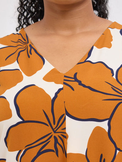 Vivo Ava Front Pleat Knee Length Dress - Rust / Cream Print - Shopzetu