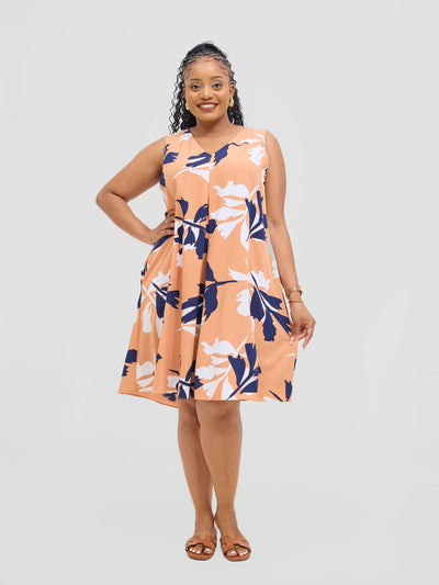 Vivo Ava Front Pleat Knee Length Dress - Peach / White Print - Shopzetu