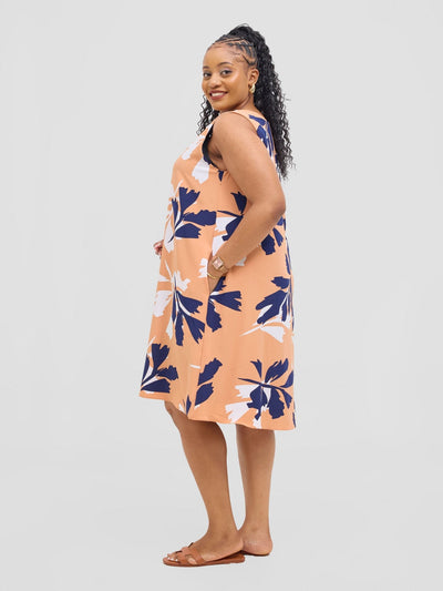 Vivo Ava Front Pleat Knee Length Dress - Peach / White Print - Shopzetu