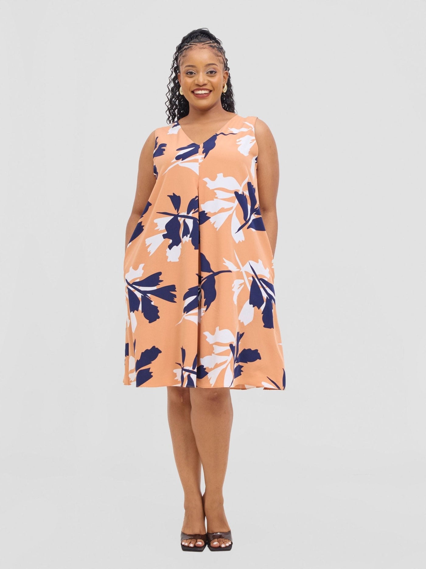 Vivo Ava Front Pleat Knee Length Dress - Peach / White Print - Shopzetu