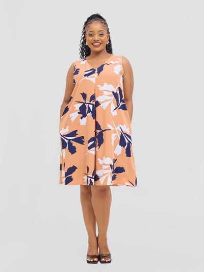 Vivo Ava Front Pleat Knee Length Dress - Peach / White Print - Shopzetu