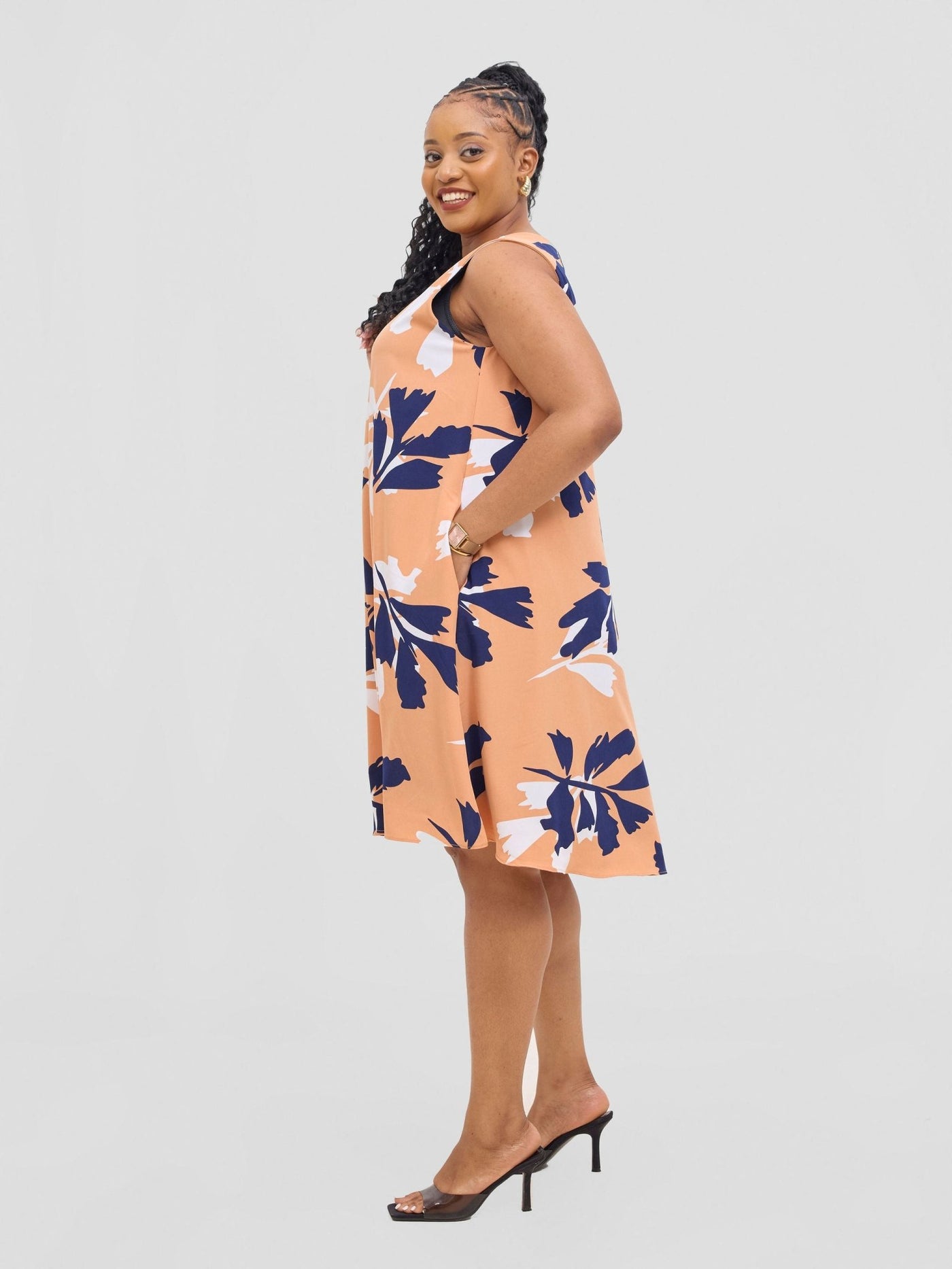 Vivo Ava Front Pleat Knee Length Dress - Peach / White Print - Shopzetu