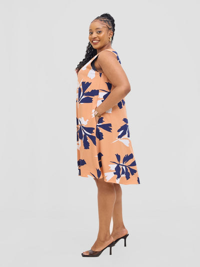 Vivo Ava Front Pleat Knee Length Dress - Peach / White Print - Shopzetu