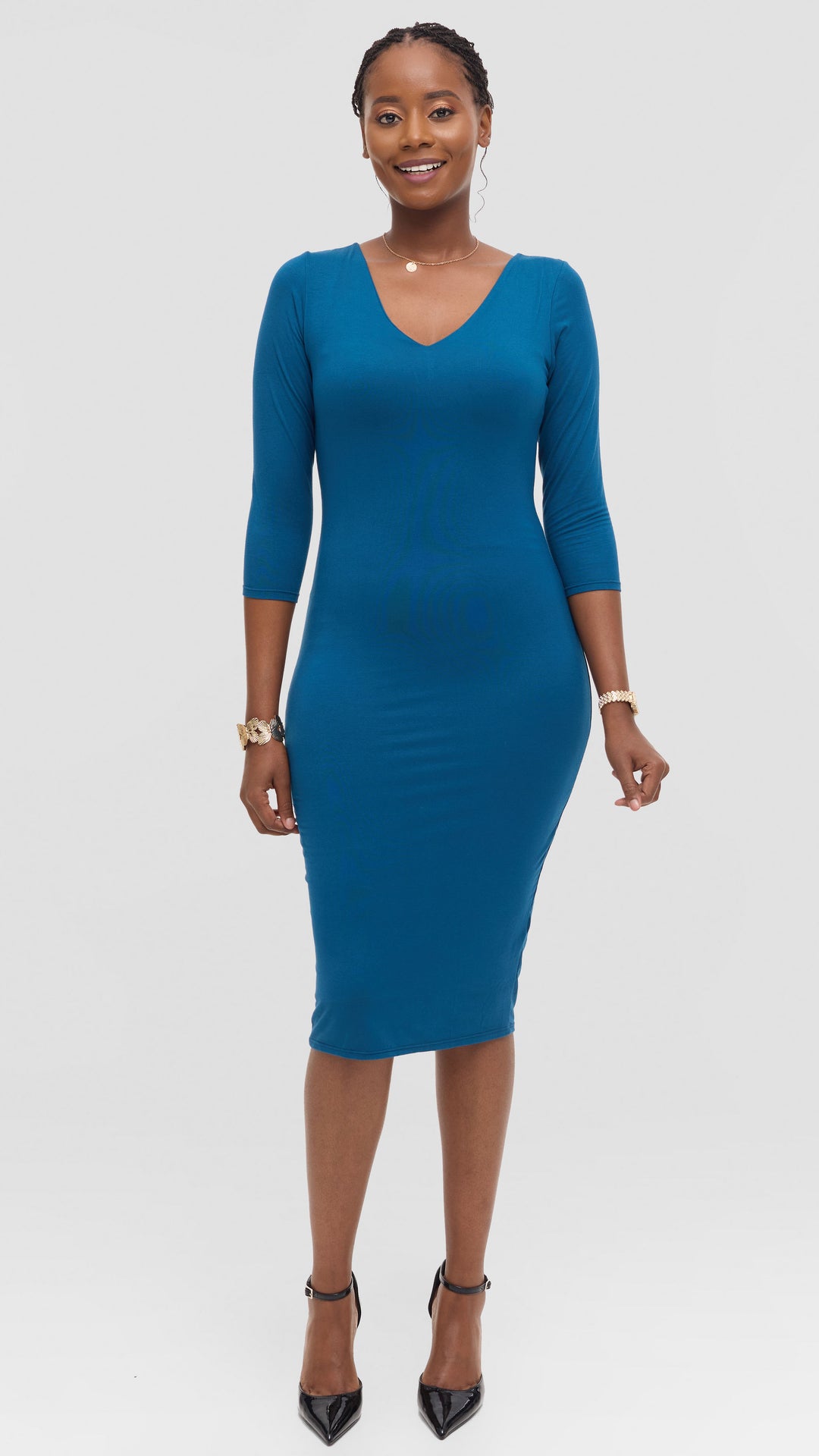 Vivo Basic 3/4 Sleeve Double Layered Bodycon Dress - Teal