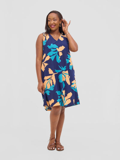 Vivo Ava Front Pleat Knee Length Dress - Peach / Teal Print - Shopzetu