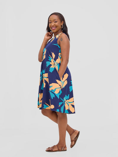 Vivo Ava Front Pleat Knee Length Dress - Peach / Teal Print - Shopzetu