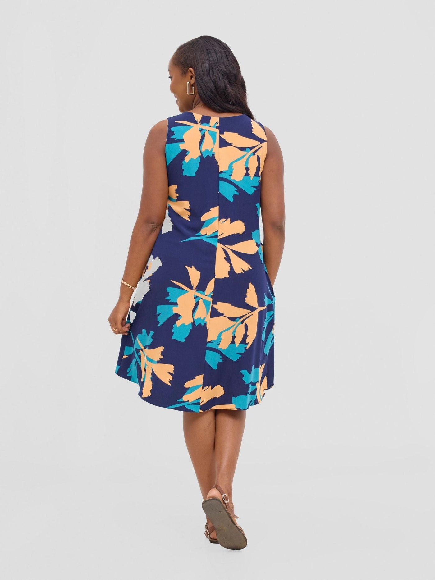 Vivo Ava Front Pleat Knee Length Dress - Peach / Teal Print - Shopzetu