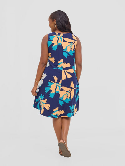 Vivo Ava Front Pleat Knee Length Dress - Peach / Teal Print - Shopzetu