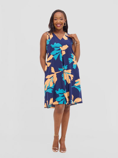 Vivo Ava Front Pleat Knee Length Dress - Peach / Teal Print - Shopzetu