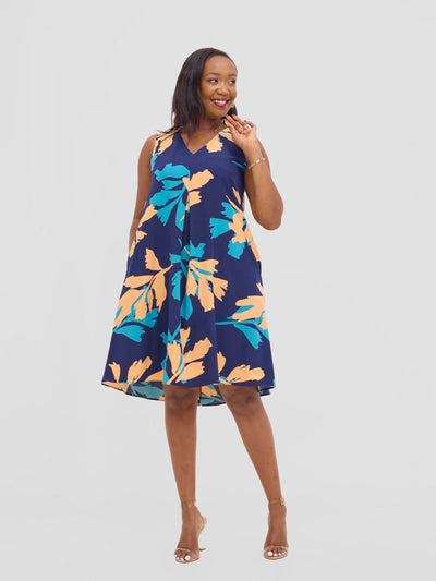 Vivo Ava Front Pleat Knee Length Dress - Peach / Teal Print - Shopzetu