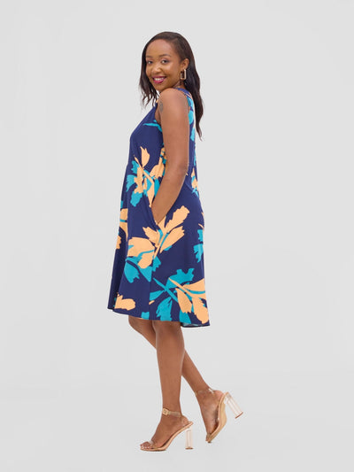 Vivo Ava Front Pleat Knee Length Dress - Peach / Teal Print - Shopzetu