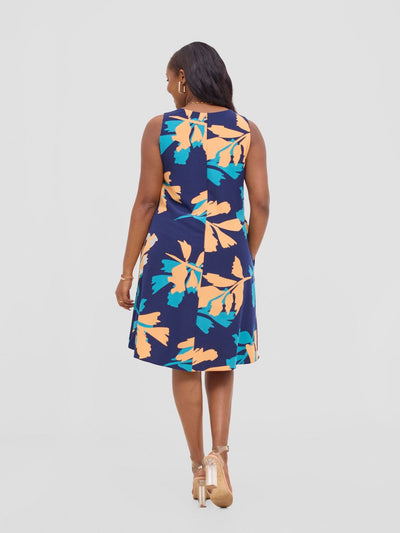 Vivo Ava Front Pleat Knee Length Dress - Peach / Teal Print - Shopzetu