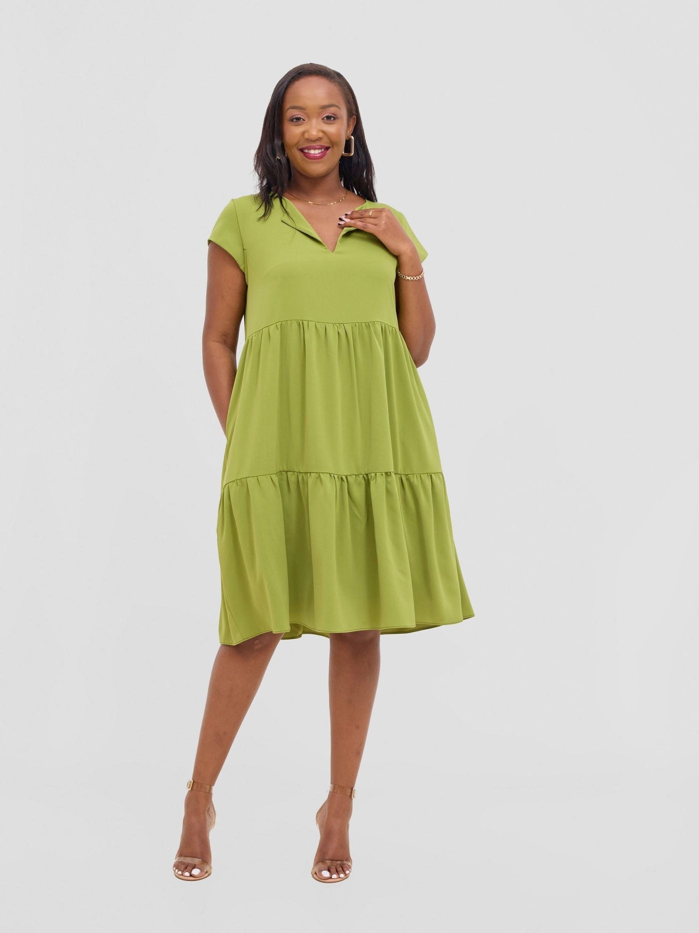 Vivo Pelia Round Neck Dress - Olive - Shopzetu