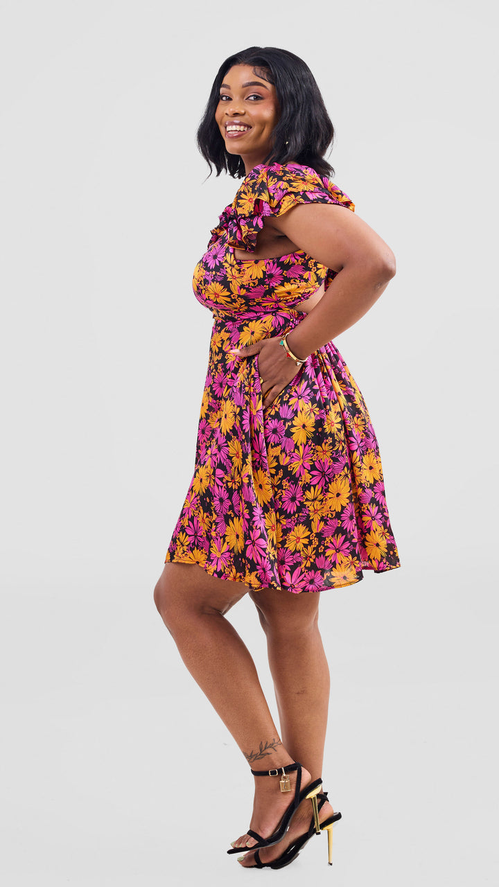 Zambarau Apparel Flowery Dress - Fuschia / Black