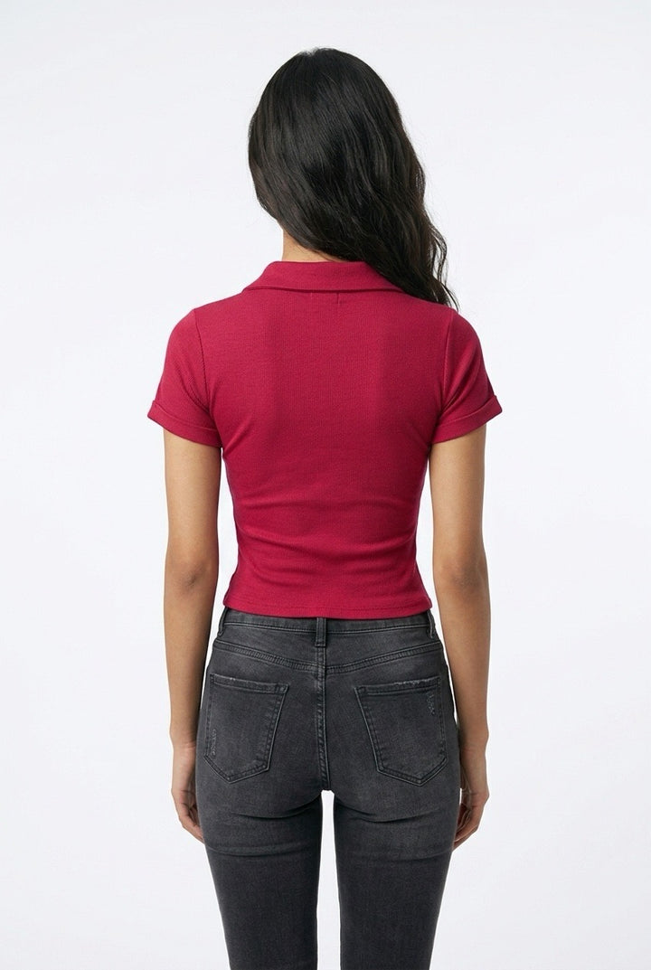 Stylish Sisters Corset-Style Curved Hem Polo Top - Maroon