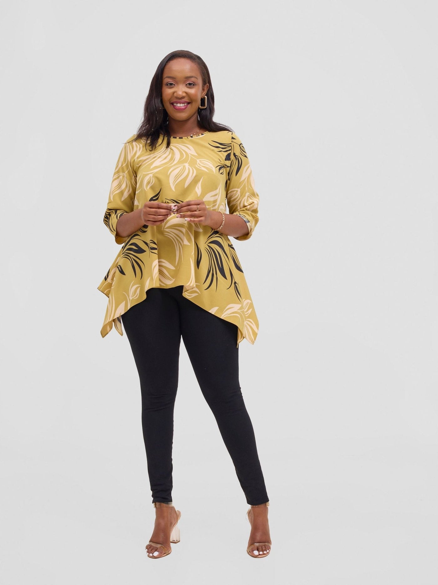 Vivo Soleil Handkerchief Drape Wide Top - Dark Mustard / Peach - Shopzetu