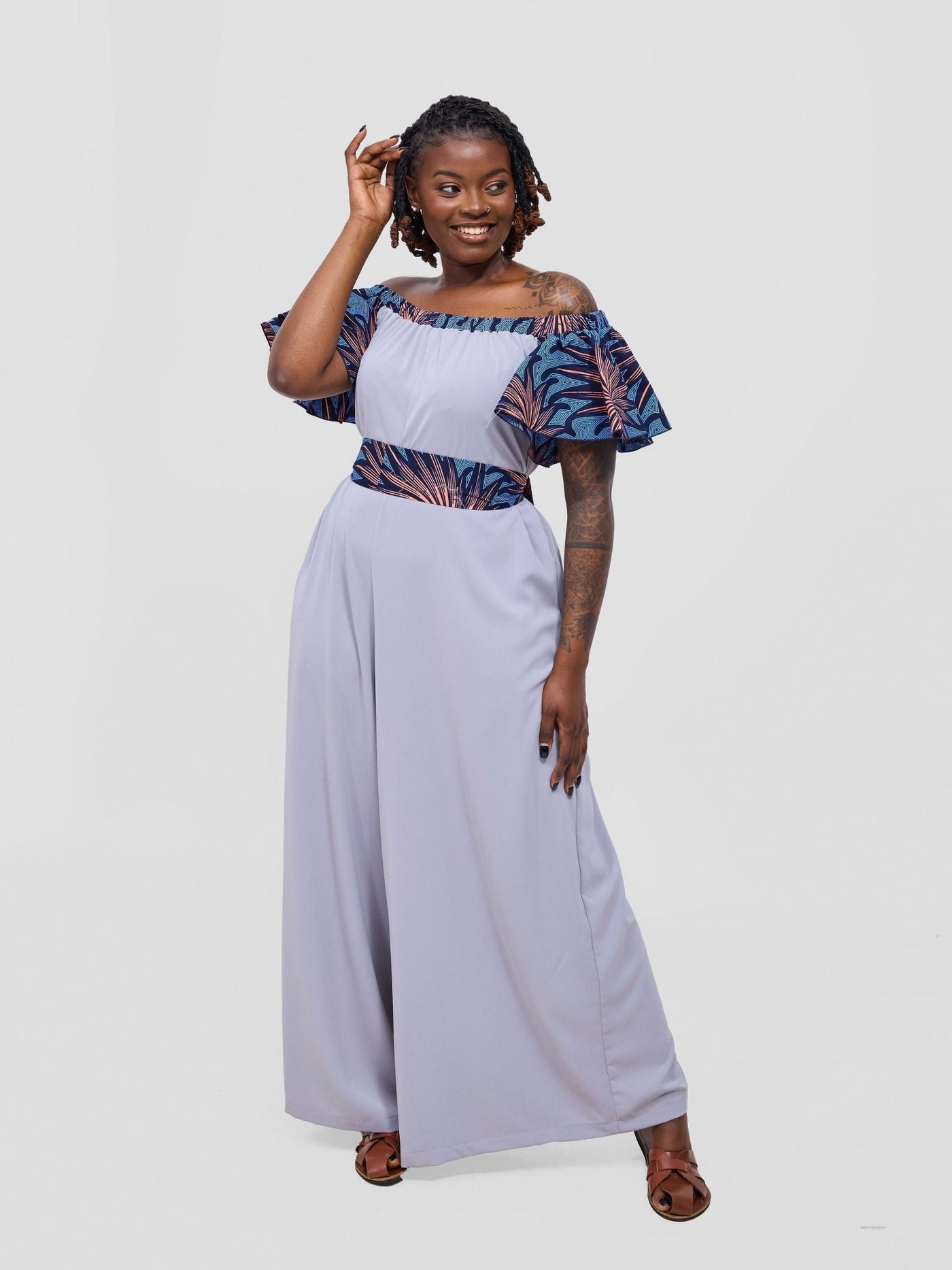Vivo Fara Off Shoulder Flounce Sleeve Jumpsuit - Light Grey - Shopzetu