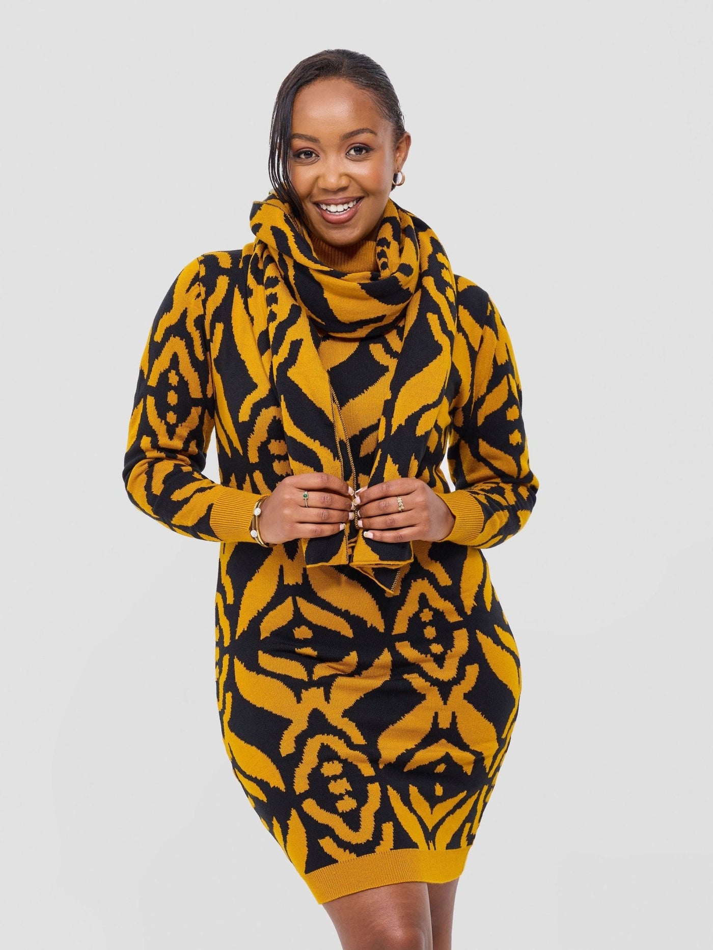 Vivo Lalani Turtle Neck Sweater Dress - Mustard / Black Ukwi Print - Shopzetu