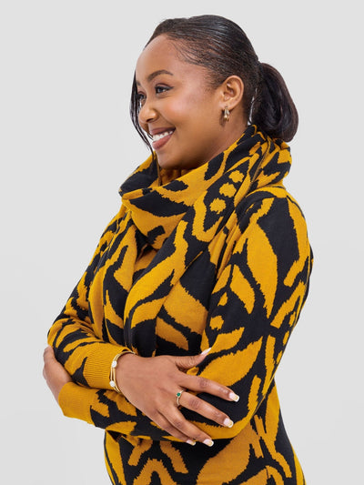 Vivo Lalani Turtle Neck Sweater Dress - Mustard / Black Ukwi Print - Shopzetu