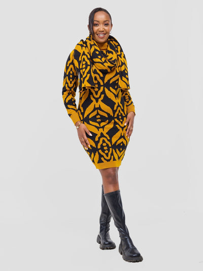 Vivo Lalani Turtle Neck Sweater Dress - Mustard / Black Ukwi Print - Shopzetu