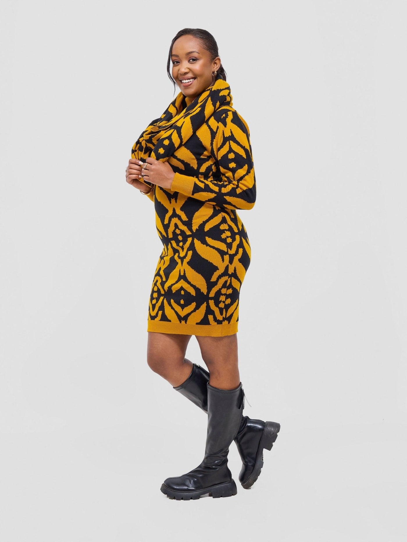 Vivo Lalani Turtle Neck Sweater Dress - Mustard / Black Ukwi Print - Shopzetu
