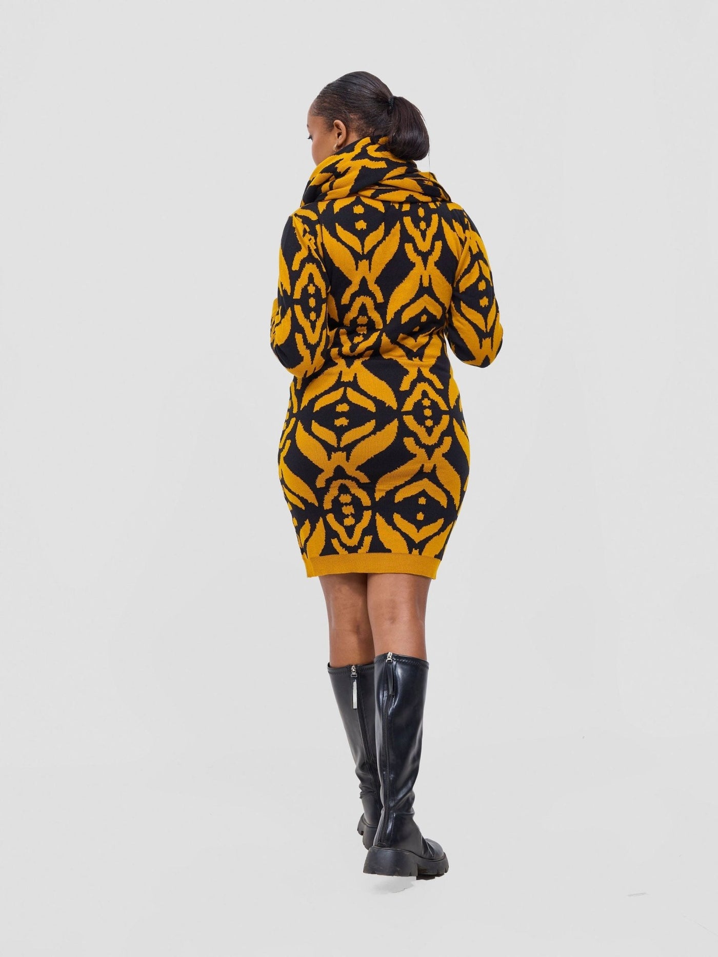 Vivo Lalani Turtle Neck Sweater Dress - Mustard / Black Ukwi Print - Shopzetu