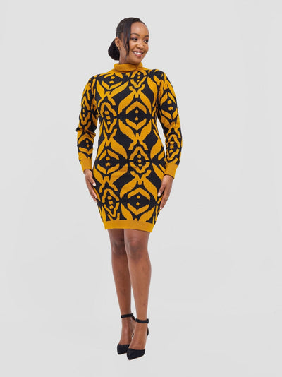 Vivo Lalani Turtle Neck Sweater Dress - Mustard / Black Ukwi Print - Shopzetu