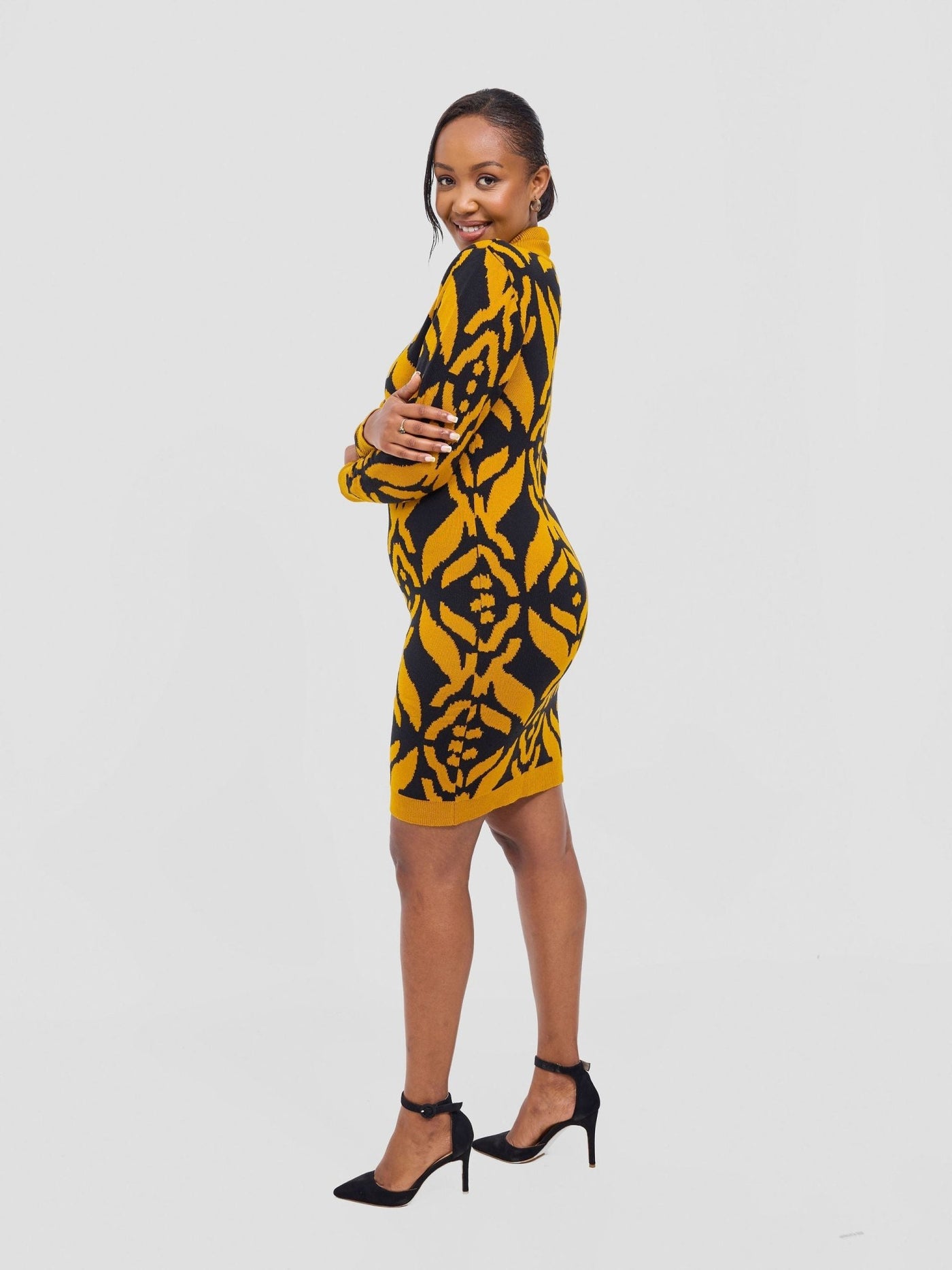 Vivo Lalani Turtle Neck Sweater Dress - Mustard / Black Ukwi Print - Shopzetu