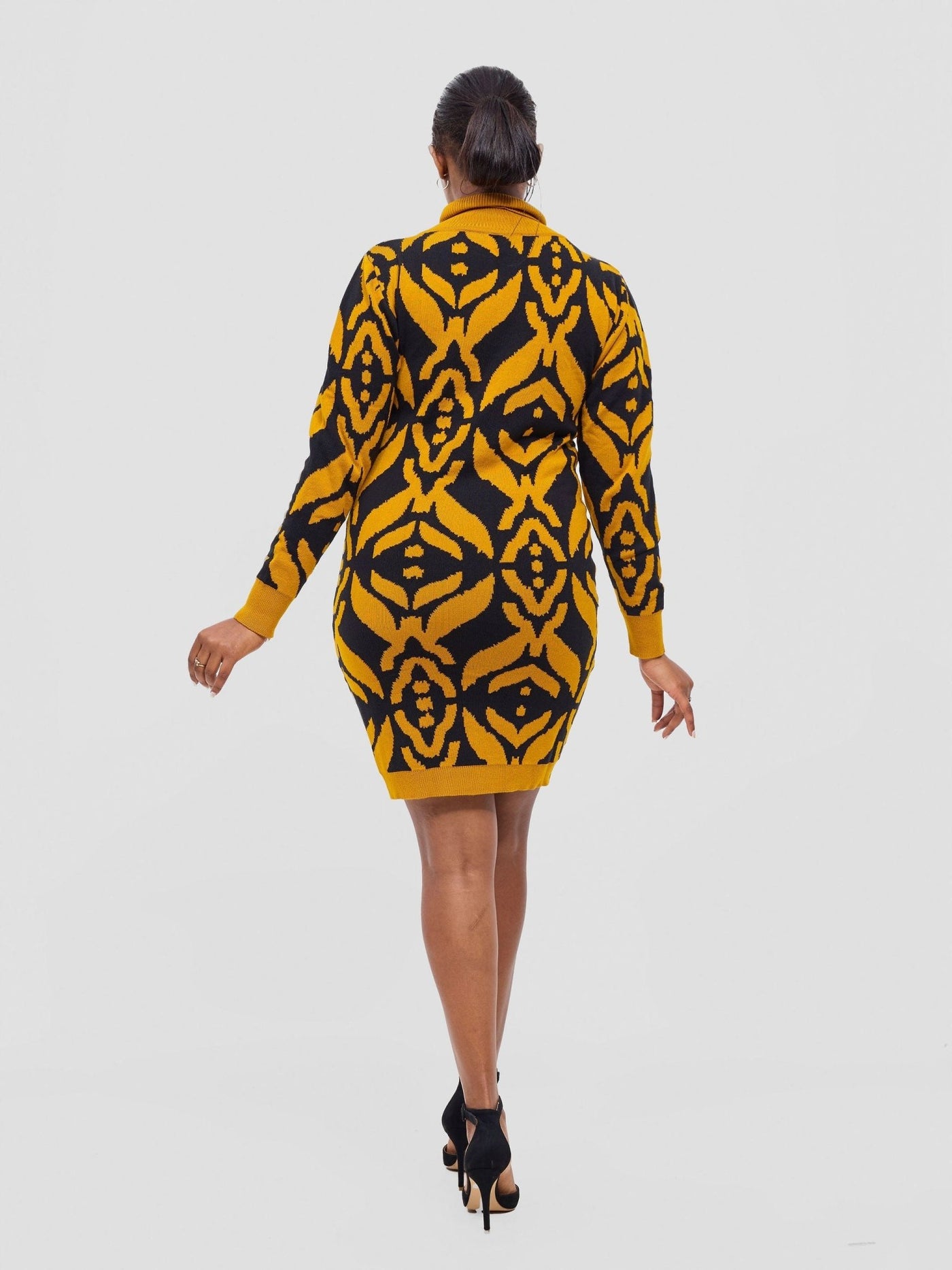 Vivo Lalani Turtle Neck Sweater Dress - Mustard / Black Ukwi Print - Shopzetu