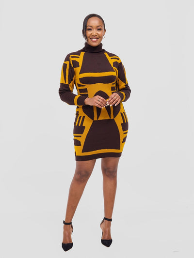 Vivo Lalani Turtle Neck Sweater Dress - Chocolate / Mustard Samba Print - Shopzetu