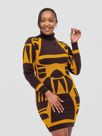 Vivo Lalani Turtle Neck Sweater Dress - Chocolate / Mustard Samba Print - Shopzetu