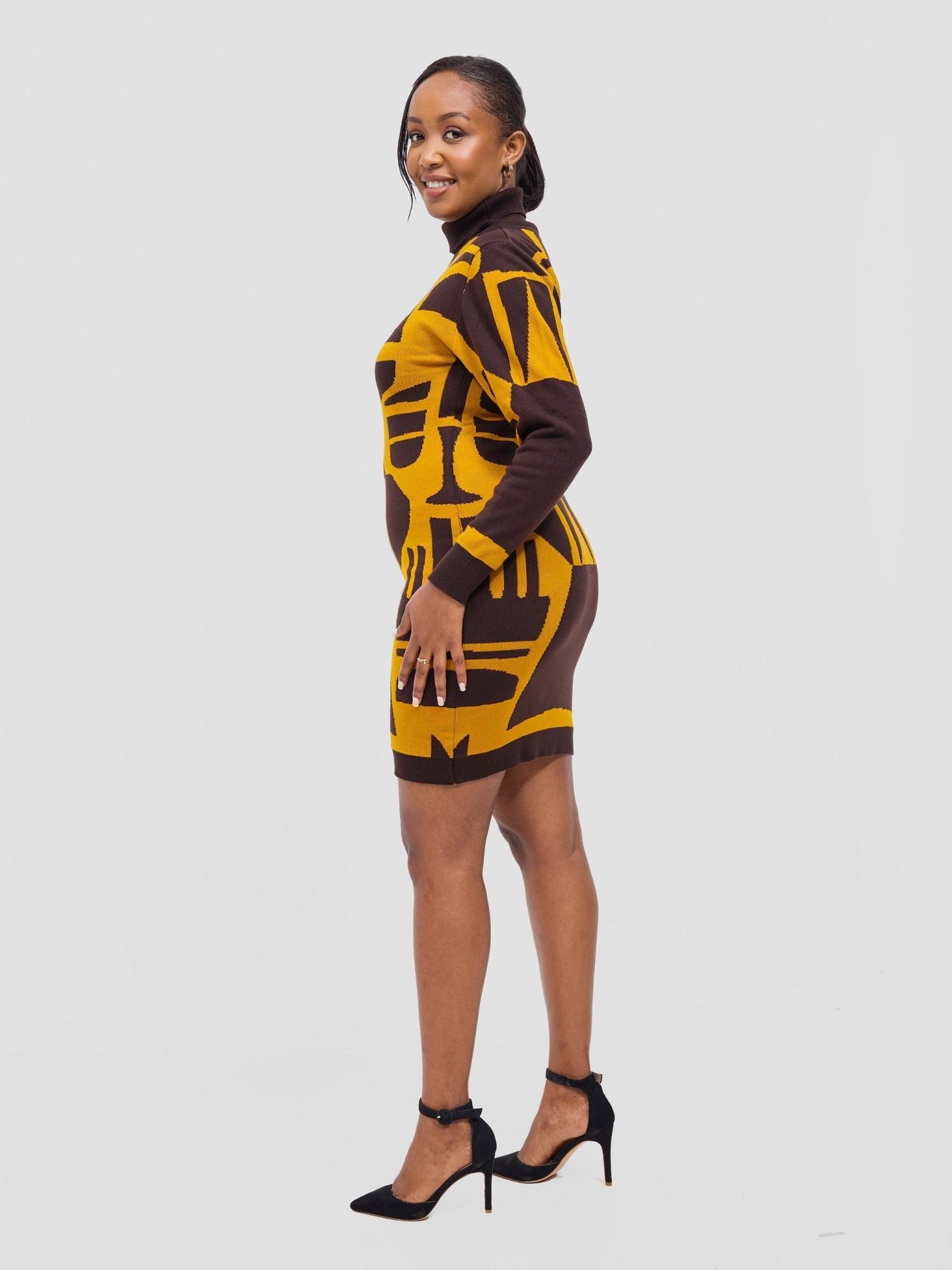 Vivo Lalani Turtle Neck Sweater Dress - Chocolate / Mustard Samba Print - Shopzetu