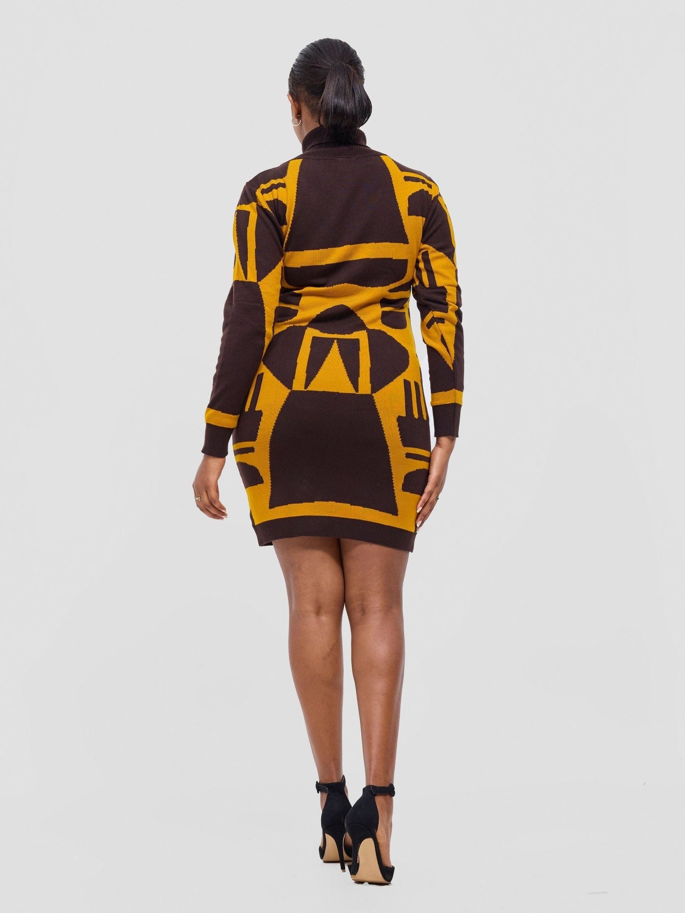 Vivo Lalani Turtle Neck Sweater Dress - Chocolate / Mustard Samba Print - Shopzetu