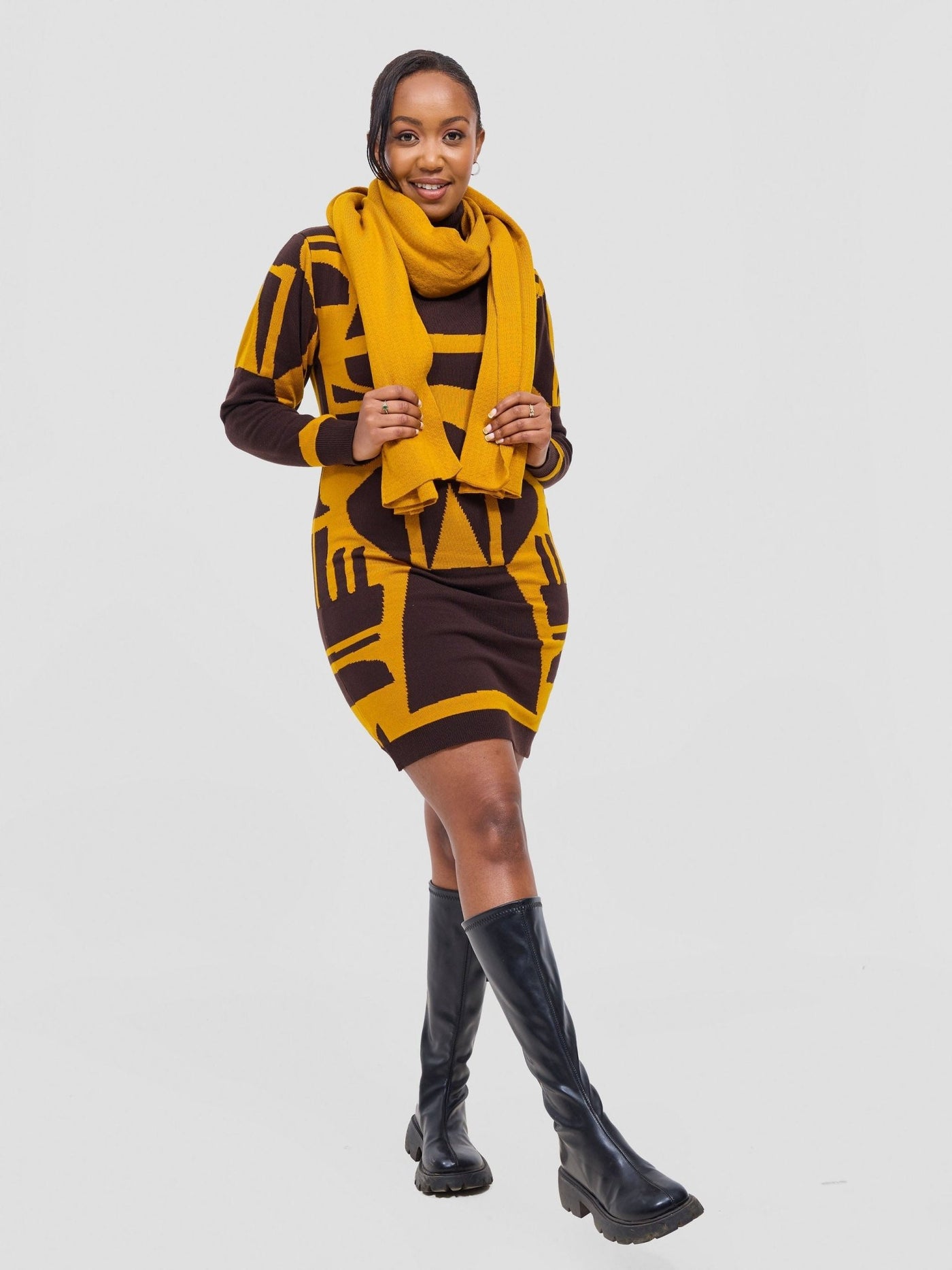 Vivo Lalani Turtle Neck Sweater Dress - Chocolate / Mustard Samba Print - Shopzetu