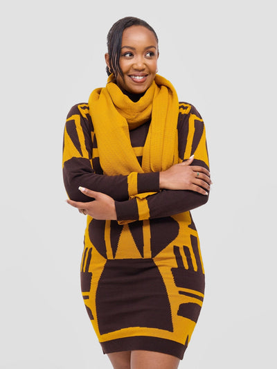 Vivo Lalani Turtle Neck Sweater Dress - Chocolate / Mustard Samba Print - Shopzetu
