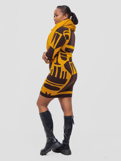 Vivo Lalani Turtle Neck Sweater Dress - Chocolate / Mustard Samba Print - Shopzetu