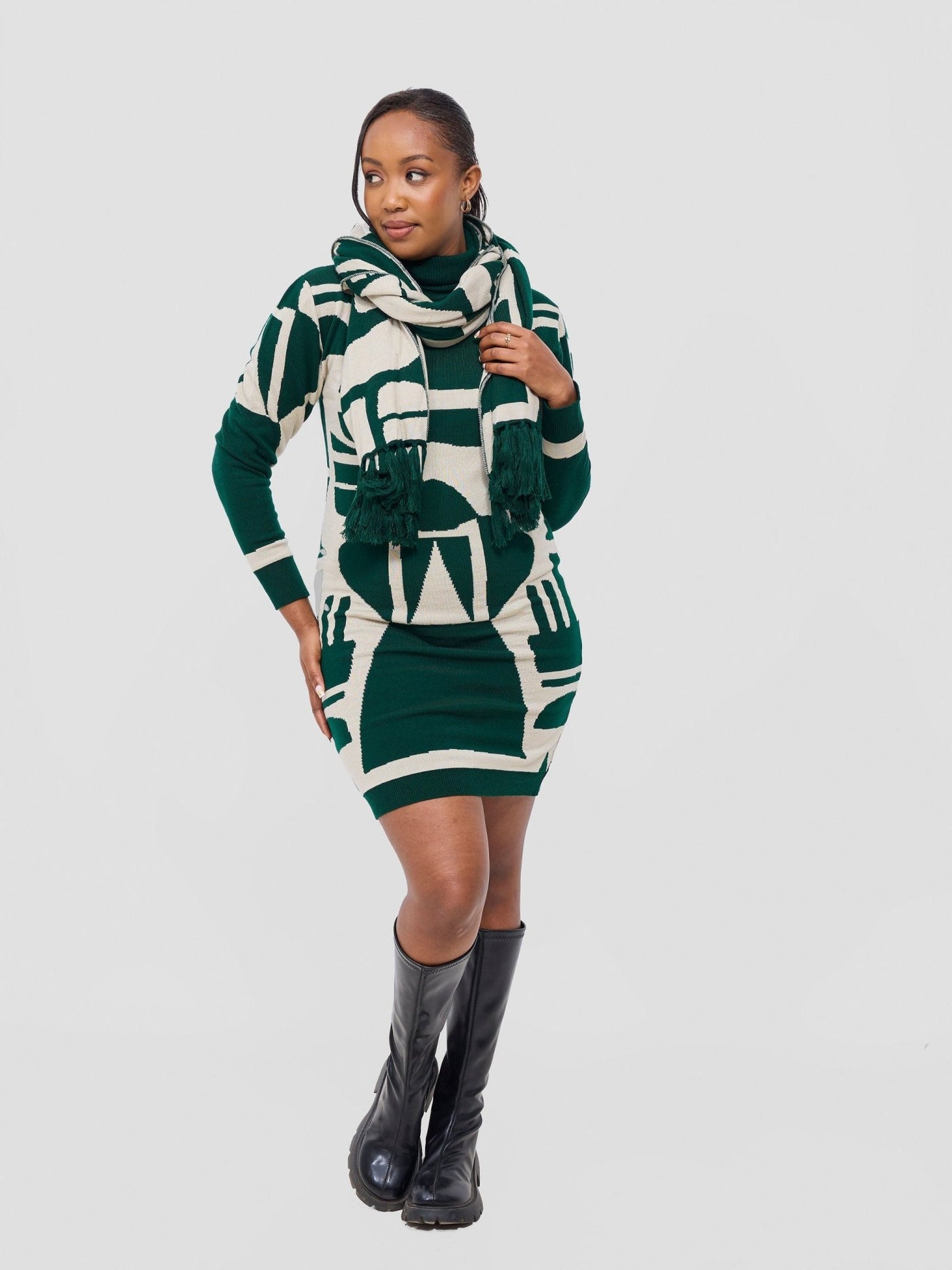 Vivo Lalani Turtleneck Sweater Dress - Light Emerald Green / Ivory Samba Print - Shopzetu
