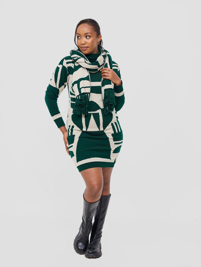 Vivo Lalani Turtleneck Sweater Dress - Light Emerald Green / Ivory Samba Print - Shopzetu